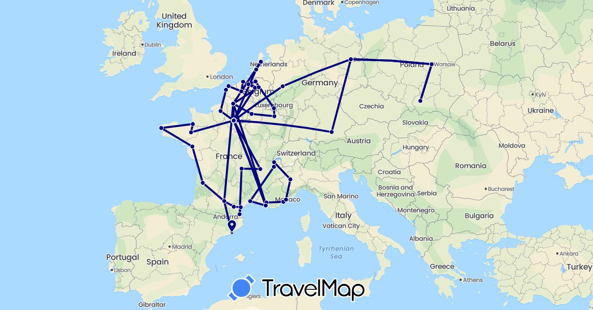 TravelMap itinerary: driving in Belgium, Switzerland, Germany, Spain, France, Italy, Luxembourg, Netherlands, Poland (Europe)